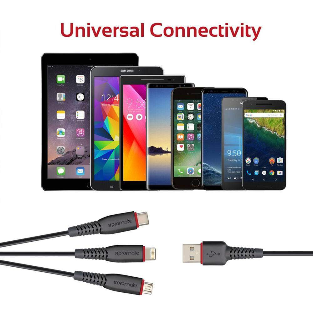 Picture of Promate Multi Charging Cable 3 in 1 High Quality 1.2m USB to Type-C™ Lightning and Micro USB Charging and Syncing Cable with Flexible ExoFlex Neck and Over Charging Protection for Smartphones Tablets MP3 Player FlexLink-Trio