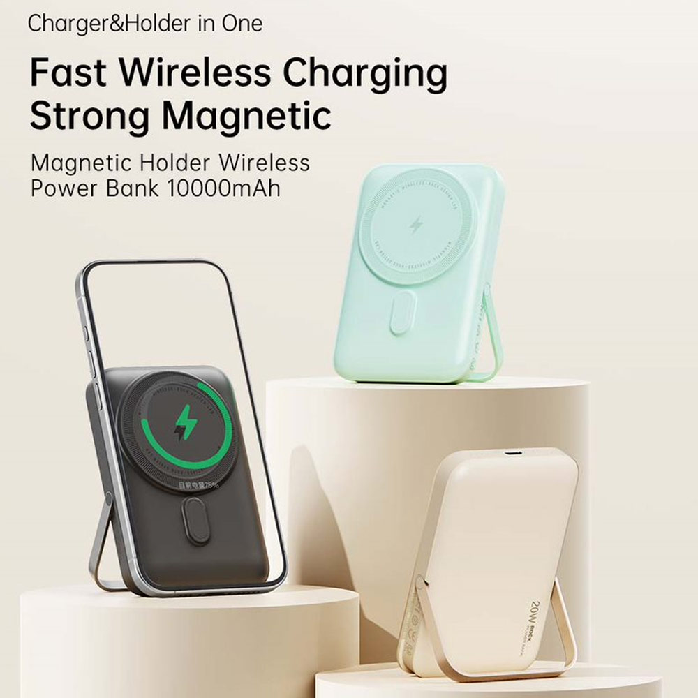 Picture of Rock P20 SE PD20W 15W Magnetic Wireless Charging Fast Charge 10000mAh Travel Portable Small Palm Size Compact Mini Power Bank powerbank Stand Holder (Green)