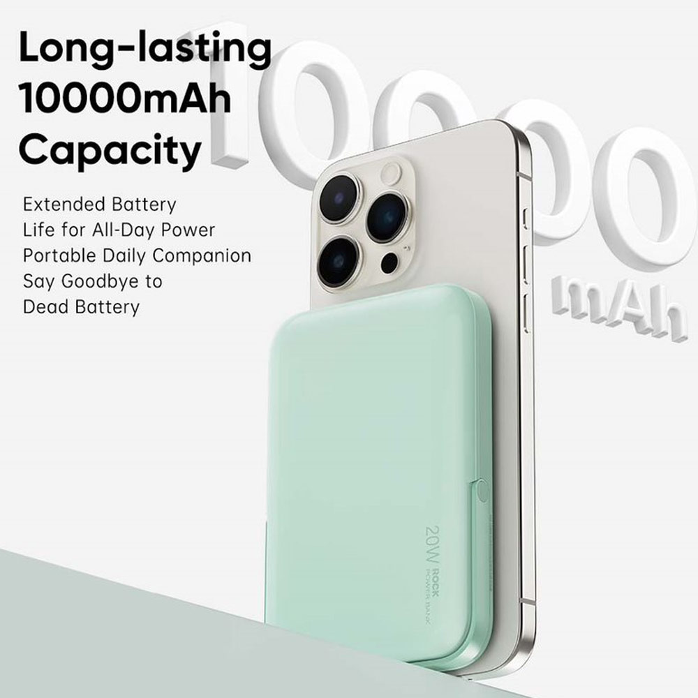Picture of Rock P20 SE PD20W 15W Magnetic Wireless Charging Fast Charge 10000mAh Travel Portable Small Palm Size Compact Mini Power Bank powerbank Stand Holder (Green)