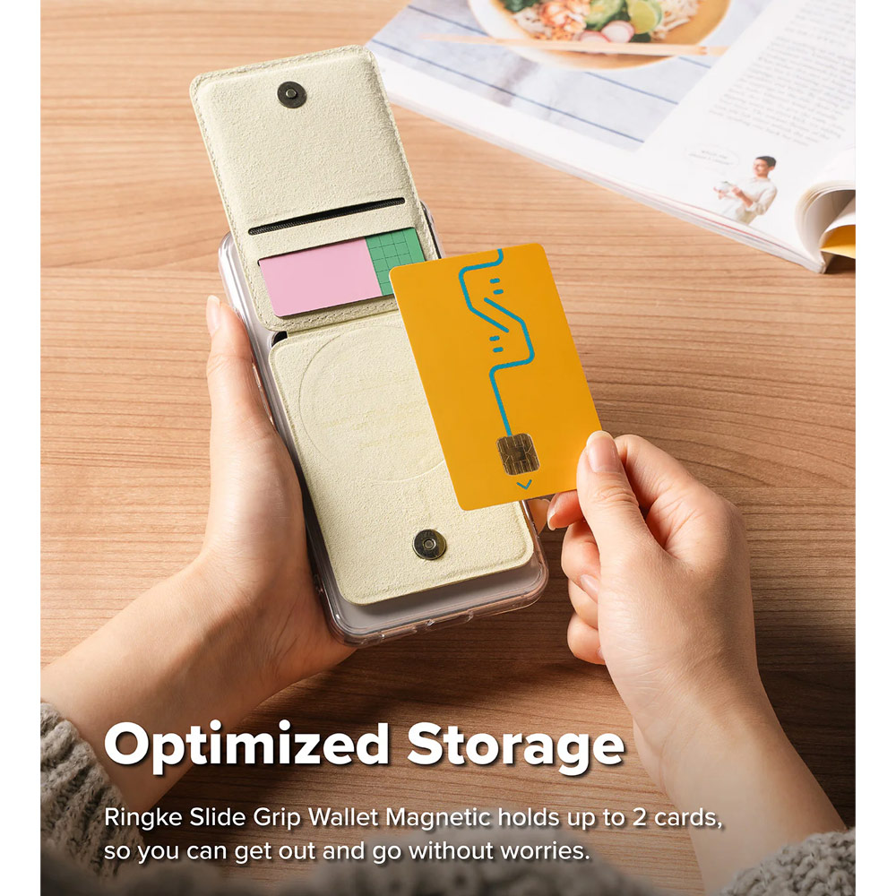Picture of Apple iPhone 15 Pro Max 6.7 | Ringke Slide Grip PU Wallet Magnetic for iPhone 15 iPhone 16 Pro Max Card Holder Phone Stand (Beige Pink)