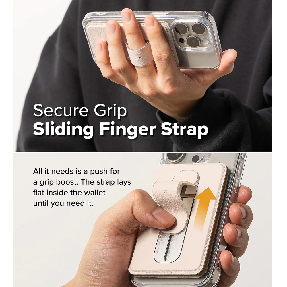 Picture of Apple iPhone 15 Pro Max 6.7 | Ringke Slide Grip PU Wallet Magnetic for iPhone 15 iPhone 16 Pro Max Card Holder Phone Stand (Beige Pink)