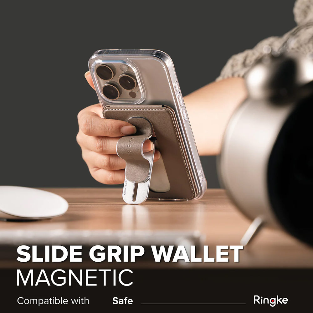 Picture of Apple iPhone 15 Pro Max 6.7  | Ringke Slide Grip PU Wallet Magnetic for iPhone 15 iPhone 16 Pro Max Card Holder Phone Stand (Taupe Brown)