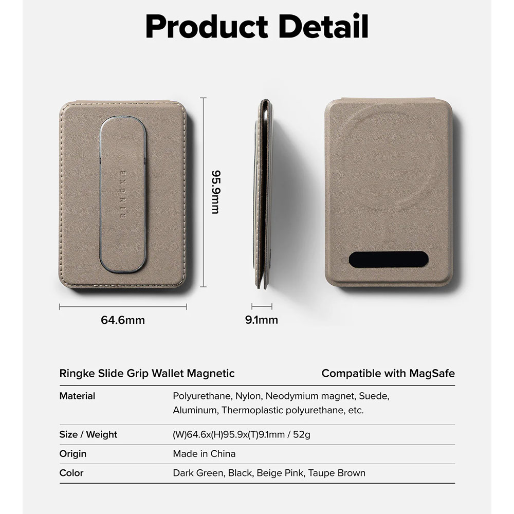 Picture of Apple iPhone 15 Pro Max 6.7  | Ringke Slide Grip PU Wallet Magnetic for iPhone 15 iPhone 16 Pro Max Card Holder Phone Stand (Taupe Brown)