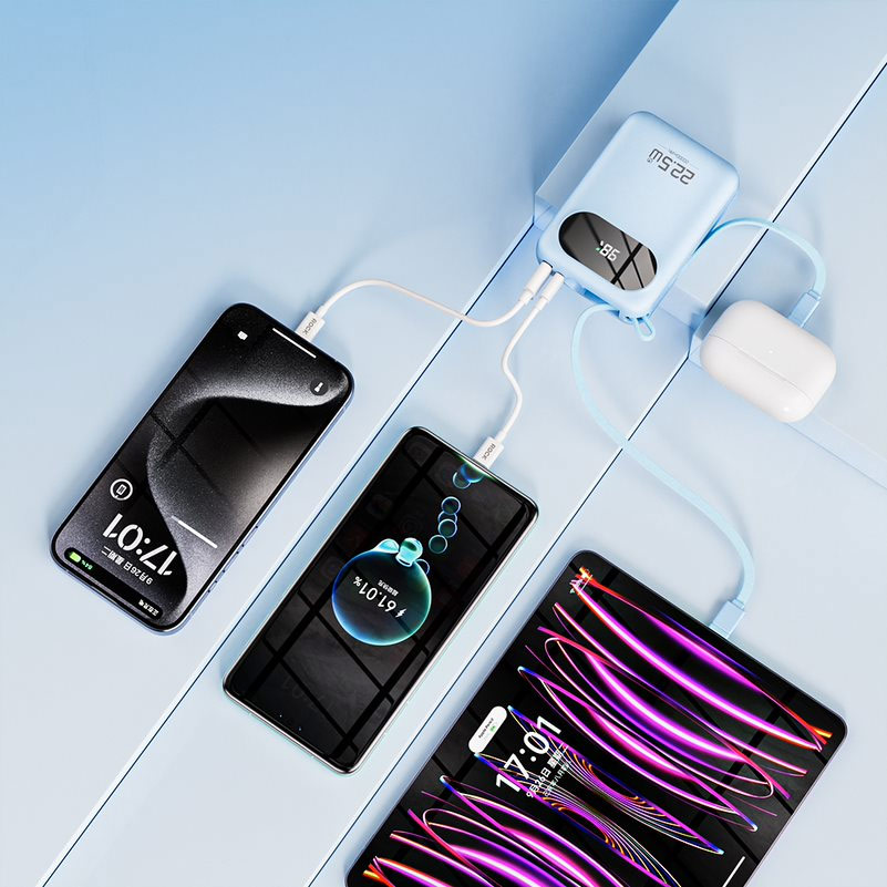 Picture of Rock Y11 Mini Compact Size PD 20W 20000mAh Travel Portable Small Palm Size Compact Mini Power Bank powerbank with Multiple Built in Cable USB C USB L (Black)