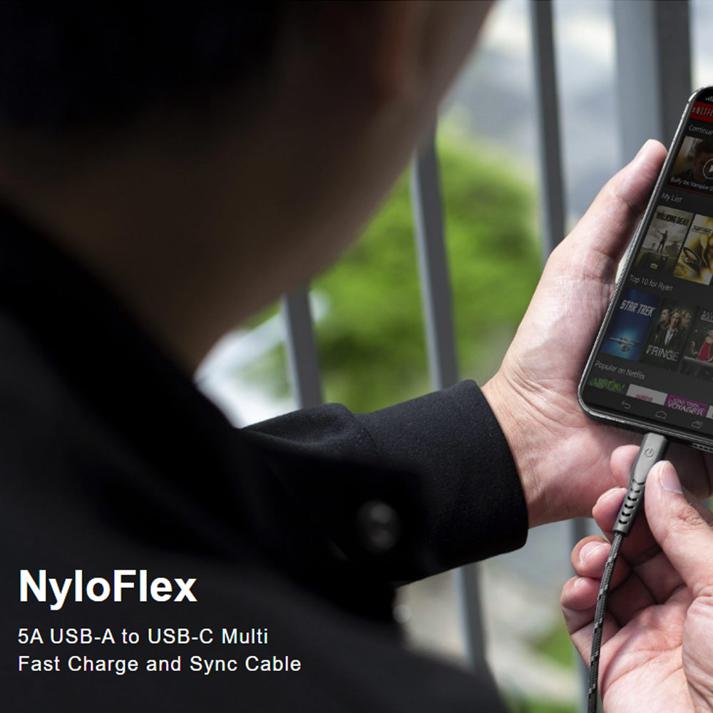 Picture of Samsung Galaxy Z Fold 3 | Energea NYLOFLEX 5A Rapid Charge and Sync USB A to USB C Cable Support Support Samsung Adaptive Fast Charge Huawei SCP OPPO VOOC 150CM (Black)