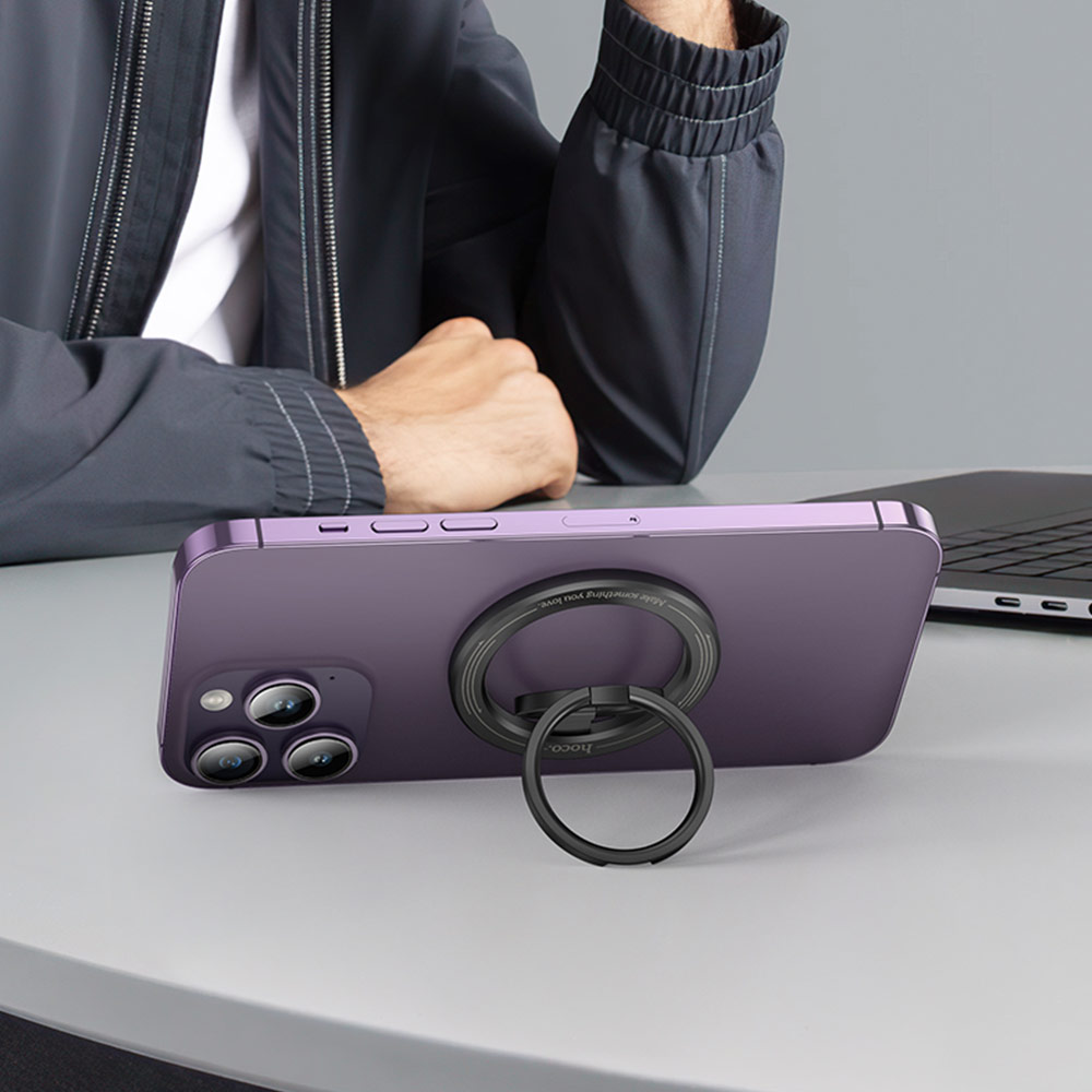 Picture of Hoco Magnetic MSafe Ring Holder Phone Grip and Kickstand Stand Double Ring Design Vertical Stand (Black)