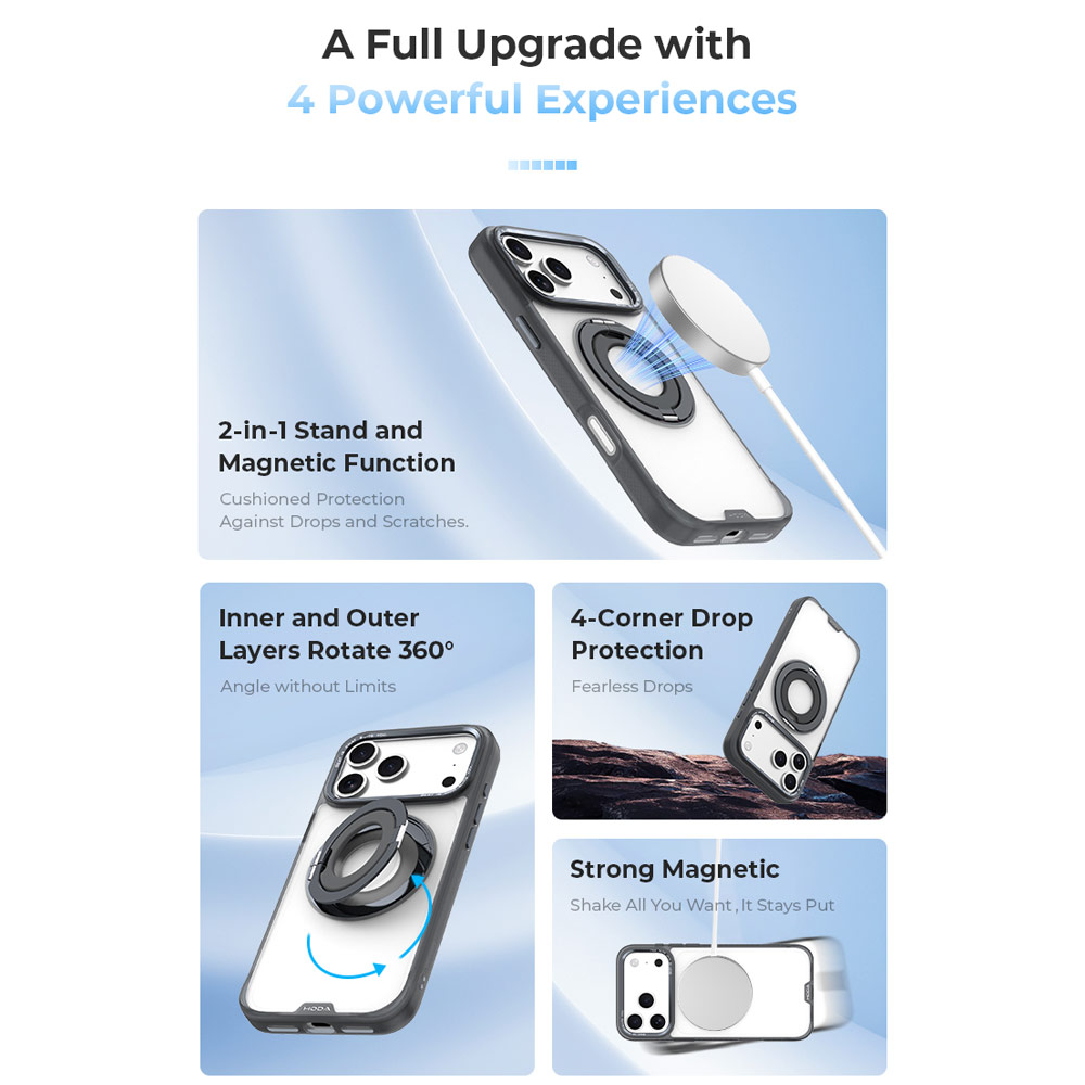 Picture of Apple iPhone 18 Pro Case | Hoda ROUGH Case Magnet with 360° foldable rotating ring-holder stand Enhanced with PureSurfaceTM for iPhone 18 Pro 17 Pro - Black