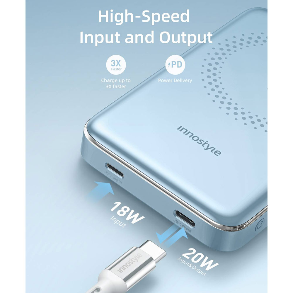 Picture of Innostyle PowerMag Slim Magnetic Wireless Charging with USB-C input output Fast Charge PowerBank (Blue)