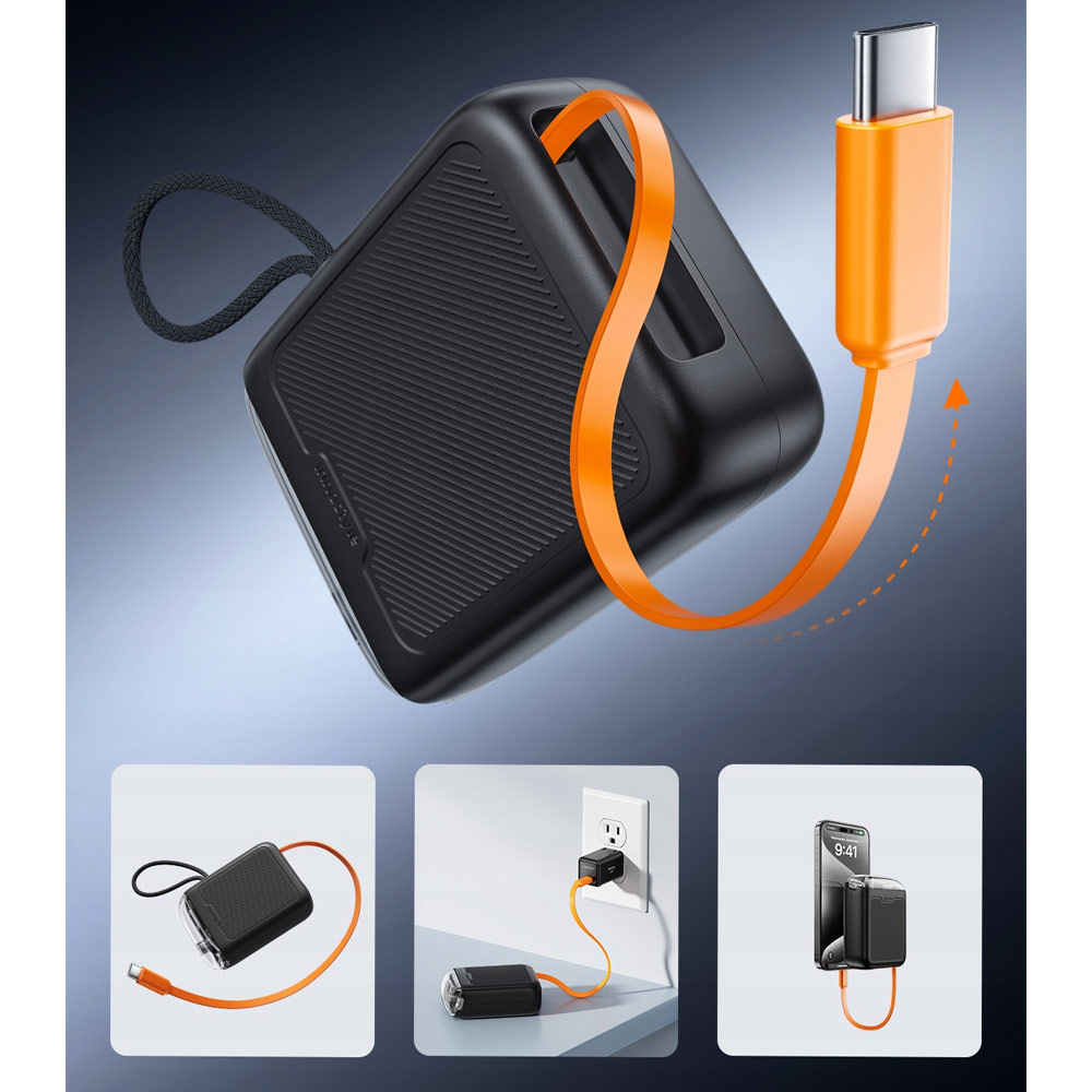 Picture of Innostyle CCC 3C Certified Power Bank TransiMini FlexCharge Retractable 30W 10000mAh 60cm USB-C Small Mini Compact Size Power Bank with Cable (Black)