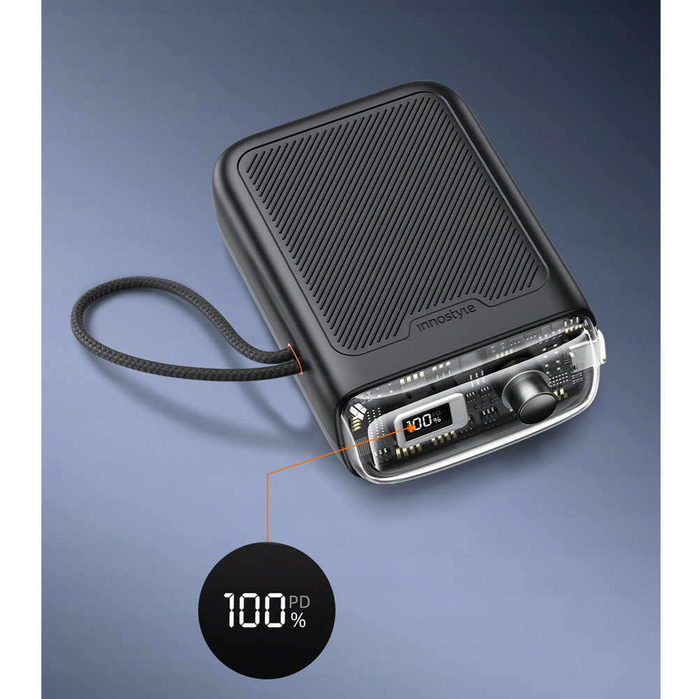 Picture of Innostyle CCC 3C Certified Power Bank TransiMini FlexCharge Retractable 30W 10000mAh 60cm USB-C Small Mini Compact Size Power Bank with Cable (Black)