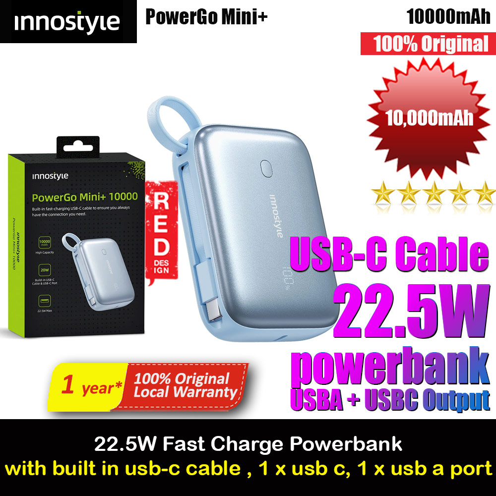 Picture of Innostyle PowerGo Mini Plus 10000mAh with USB-C input output USB-A Output Fast Charge PowerBank with USB-C Build in Cable  (Blue) Red Design- Red Design Cases, Red Design Covers, iPad Cases and a wide selection of Red Design Accessories in Malaysia, Sabah, Sarawak and Singapore 