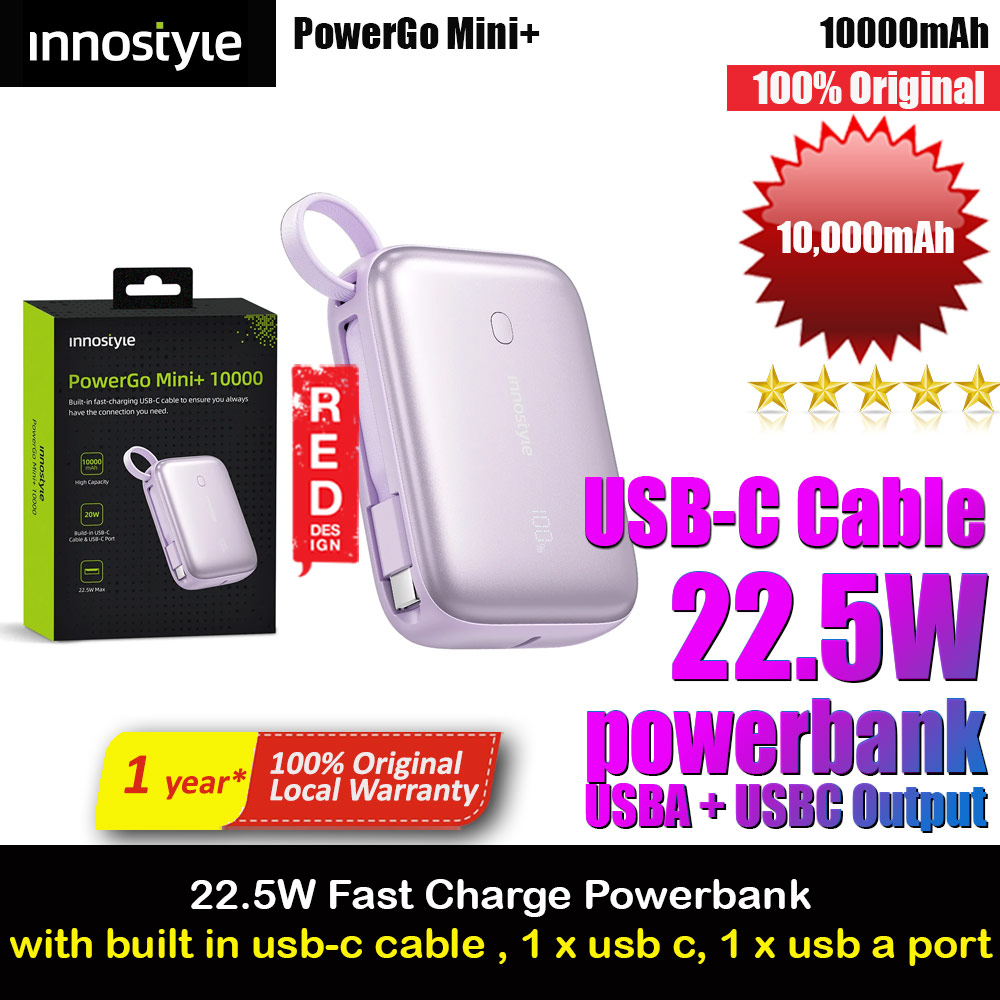 Picture of Innostyle PowerGo Mini Plus 10000mAh with USB-C input output USB-A Output Fast Charge PowerBank with USB-C Build in Cable  (Lavender) Red Design- Red Design Cases, Red Design Covers, iPad Cases and a wide selection of Red Design Accessories in Malaysia, Sabah, Sarawak and Singapore 