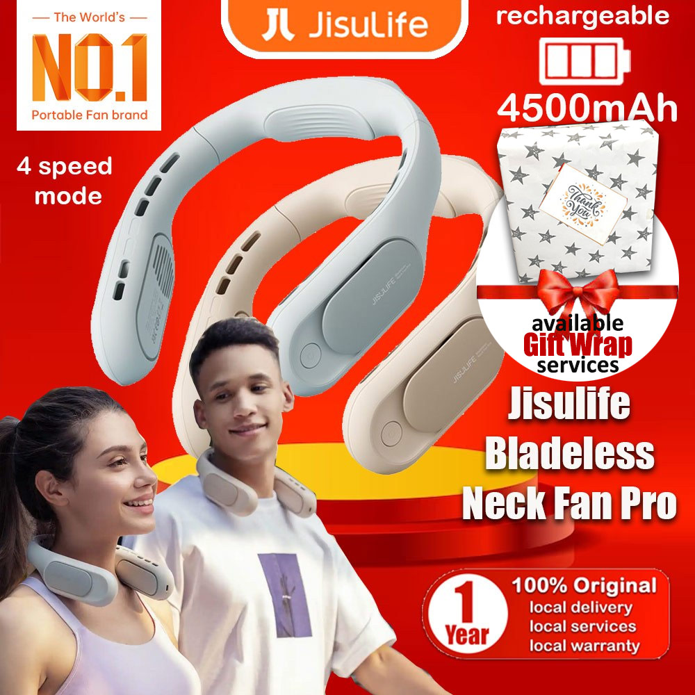 Picture of JISULIFE Malaysia Portable Turbo Dual Air Neck Fan Pro Hands Free Bladeless Fan 4500 mAh Battery Operated Wearable Personal Fan Rechargeable Long Hours Fan for Running Badminton Indoor Court Concert Picnic Camping Outdoor Activity FA35 (Grey)