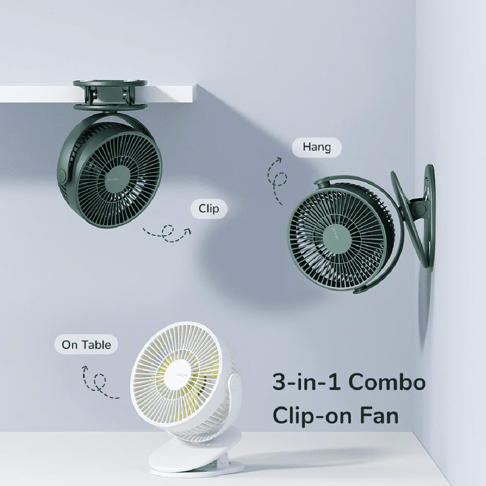 Picture of Jisulife Malaysia Child Safe Low Noise Removeable Washable 360 Rotatable 4 Speed Mode Desktop Hang Clip Fan Rechargeable 4000mAh For Home Office Outdoor Travel Portable Children Baby Stroller FA18S (White)