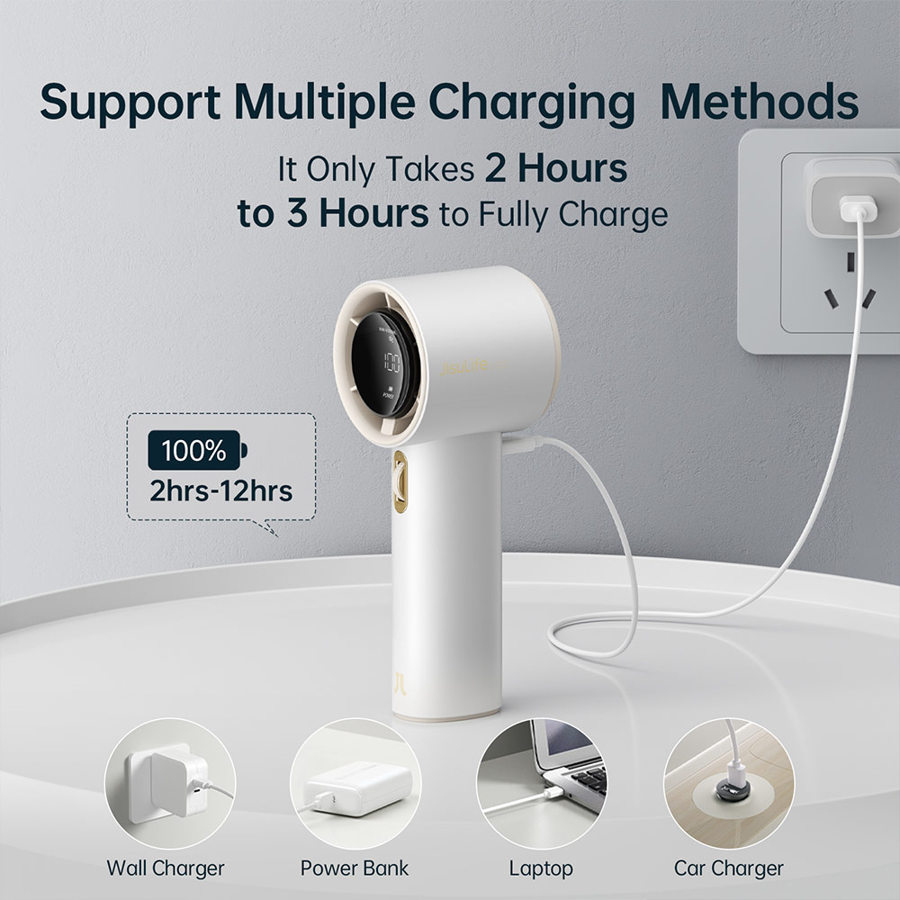 Picture of Jisulife Malaysia Super Power 100 Speed Turbo Strong Wind Portable Fast Charge Rechargeable 3600mAh Hidden Blade High Quality Handheld Mini Fan for Outdoor Indoor Badminton Court Concert Picnic Camping FA53ABS (White)