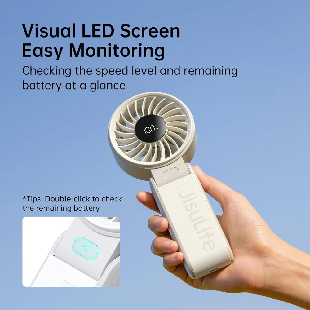 Picture of Jisulife Malaysia 3 in 1 Handheld Fan Life7 Powerful Portable Fan with LED Display Foldable as Desk Fan Hangable as Neck Fan (5000mAh Light Grey)