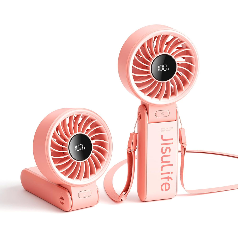 Picture of Jisulife Malaysia 3 in 1 Handheld Fan Life7 Powerful Portable Fan with LED Display Foldable as Desk Fan Hangable as Neck Fan (5000mAh Pink)