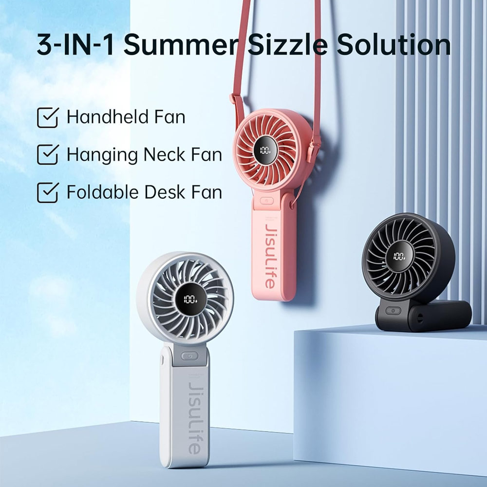 Picture of Jisulife Malaysia 3 in 1 Handheld Fan Life7 Powerful Portable Fan with LED Display Foldable as Desk Fan Hangable as Neck Fan (5000mAh Pink)