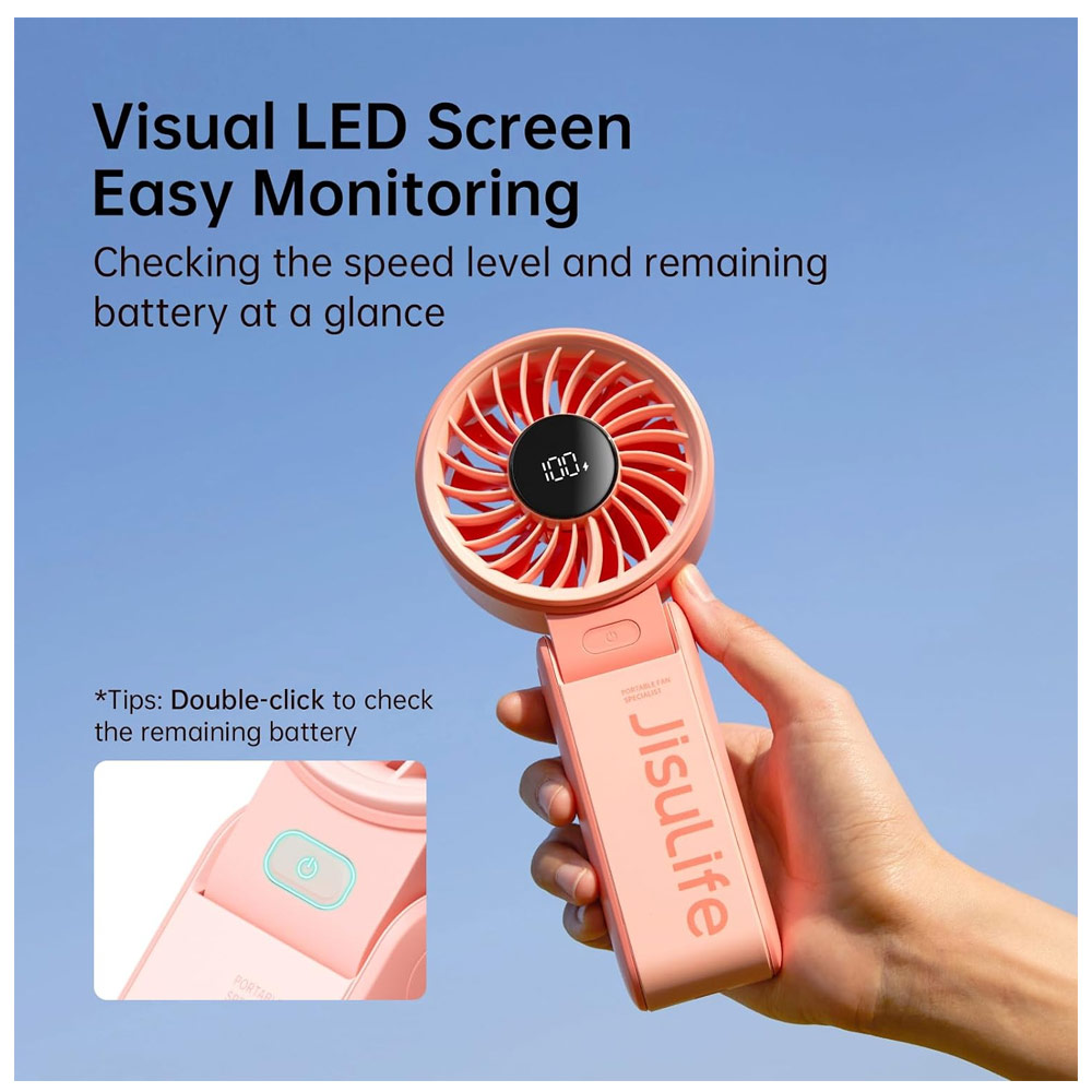Picture of Jisulife Malaysia 3 in 1 Handheld Fan Life7 Powerful Portable Fan with LED Display Foldable as Desk Fan Hangable as Neck Fan (5000mAh Pink)