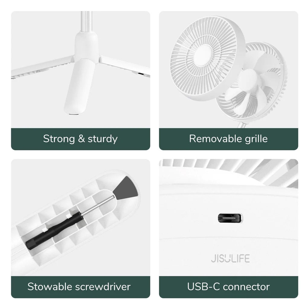 Picture of JISULIFE Malaysia Camp Fan Pro 1Multifunction Convertible Camping Portable Adjsutable Rechargeable Light Lamp Rotatable Stand Desk Fan for Office Room Travel Outdoor Indoor Picnic Camping (White)