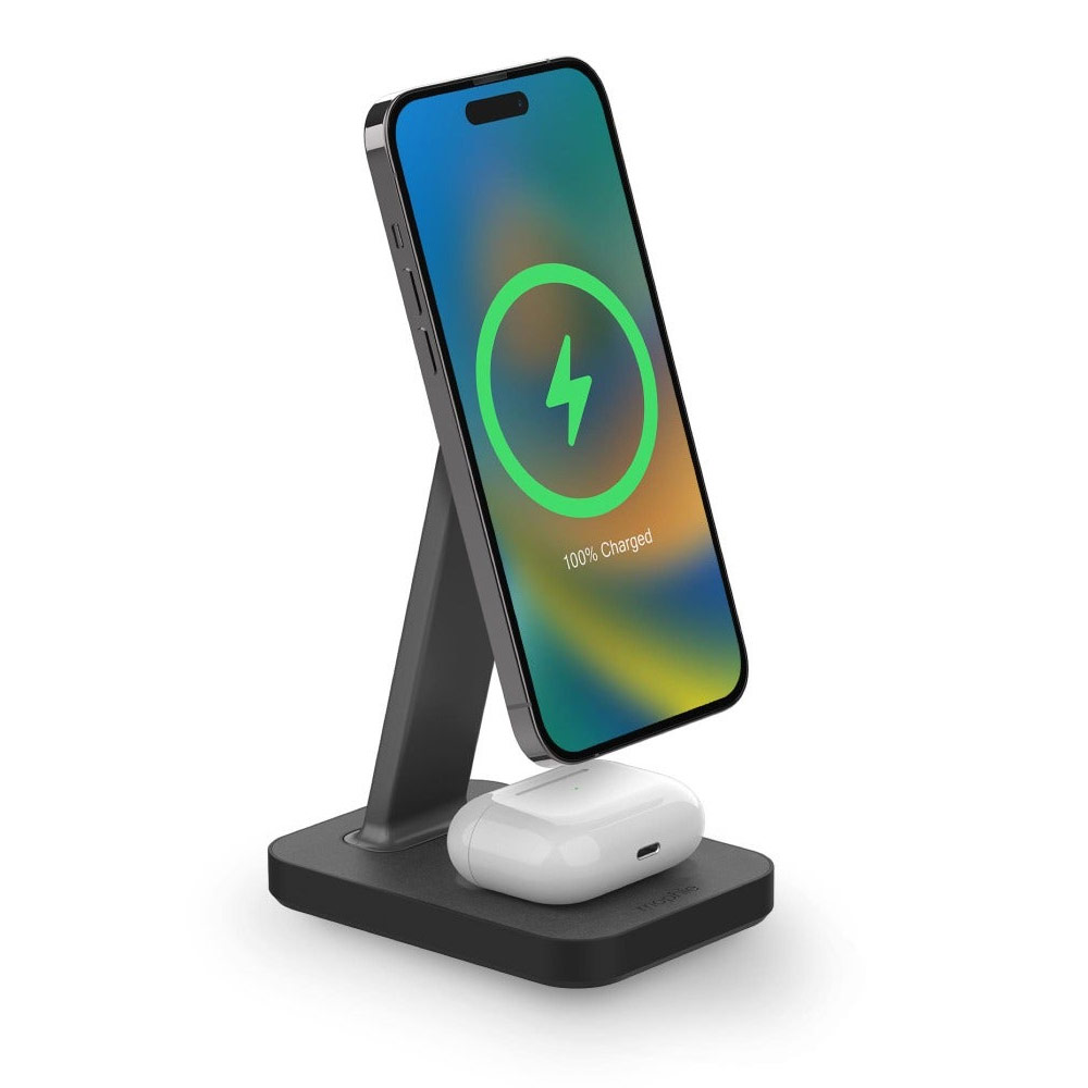 Picture of Apple iPhone 13 6.1  | Mophie Snap Stand Pad 15W Magnetic Wireless Stand wireless charging stand compatible with snap and MagSafe for Smartphones iPhone Google Pixel Samsung Galaxy Qi-enabled Devices (Black)