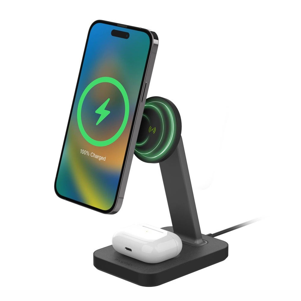 Picture of Apple iPhone 13 6.1  | Mophie Snap Stand Pad 15W Magnetic Wireless Stand wireless charging stand compatible with snap and MagSafe for Smartphones iPhone Google Pixel Samsung Galaxy Qi-enabled Devices (Black)