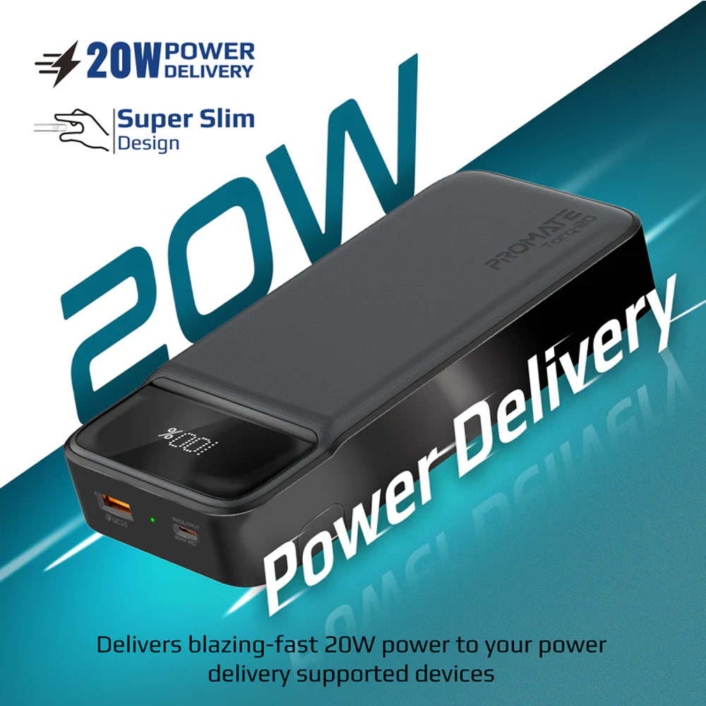 Picture of Promate 20000mAh Power Bank Powerbank 20W Power Delvey USB-C 18W QC3 USB-A  with Kickstand Torq-20 (Black)
