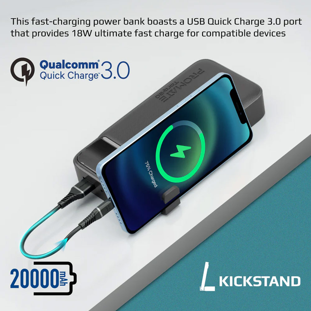 Picture of Promate 20000mAh Power Bank Powerbank 20W Power Delvey USB-C 18W QC3 USB-A  with Kickstand Torq-20 (Black)