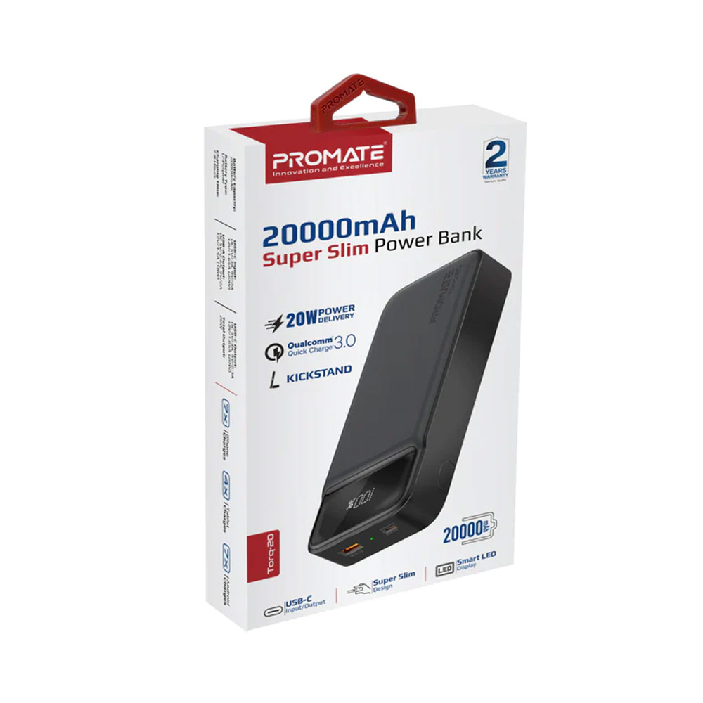 Picture of Promate 20000mAh Power Bank Powerbank 20W Power Delvey USB-C 18W QC3 USB-A  with Kickstand Torq-20 (Black)