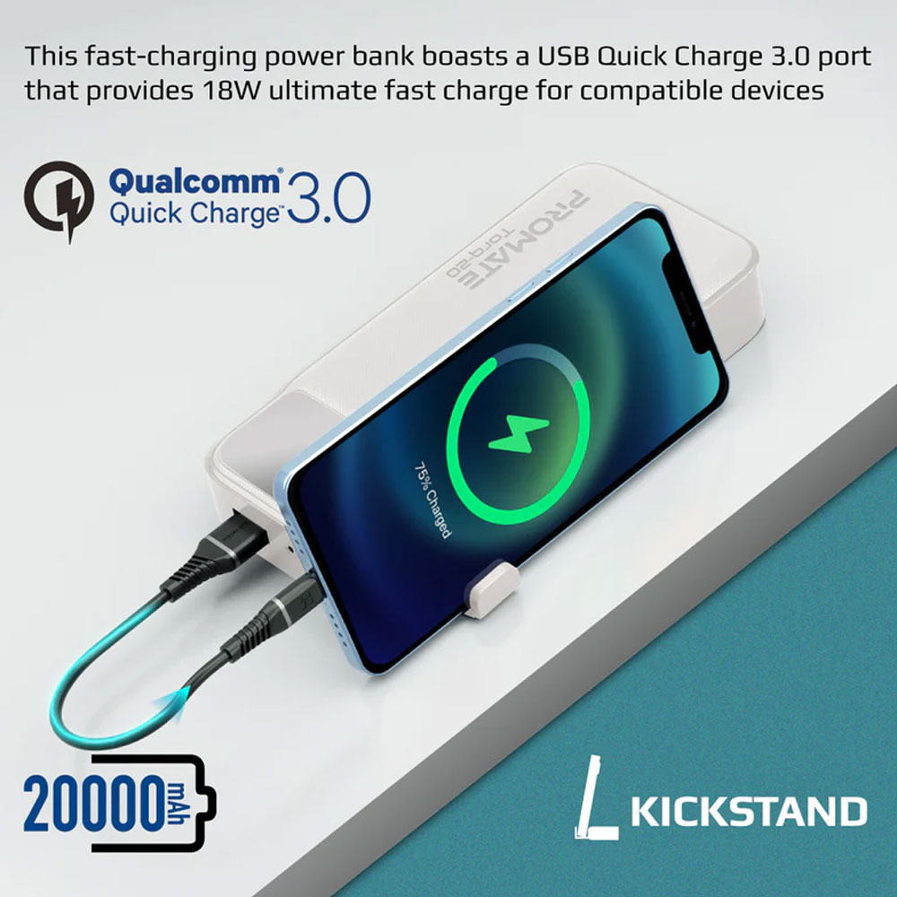 Picture of Promate 20000mAh Power Bank Powerbank 20W Power Delvey USB-C 18W QC3 USB-A  with Kickstand Torq-20 (White)