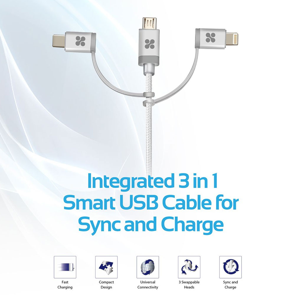 Picture of Promate 3 in 1 USB-C Type C Micro USB Lightning Multipurpose Cable Data and Charge Cable UniLink-Trio (Silver)