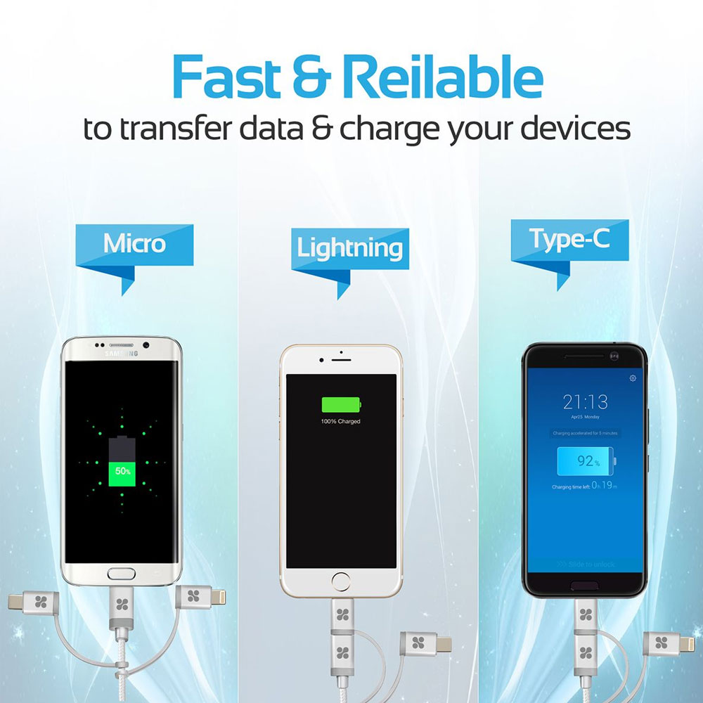 Picture of Promate 3 in 1 USB-C Type C Micro USB Lightning Multipurpose Cable Data and Charge Cable UniLink-Trio (Silver)