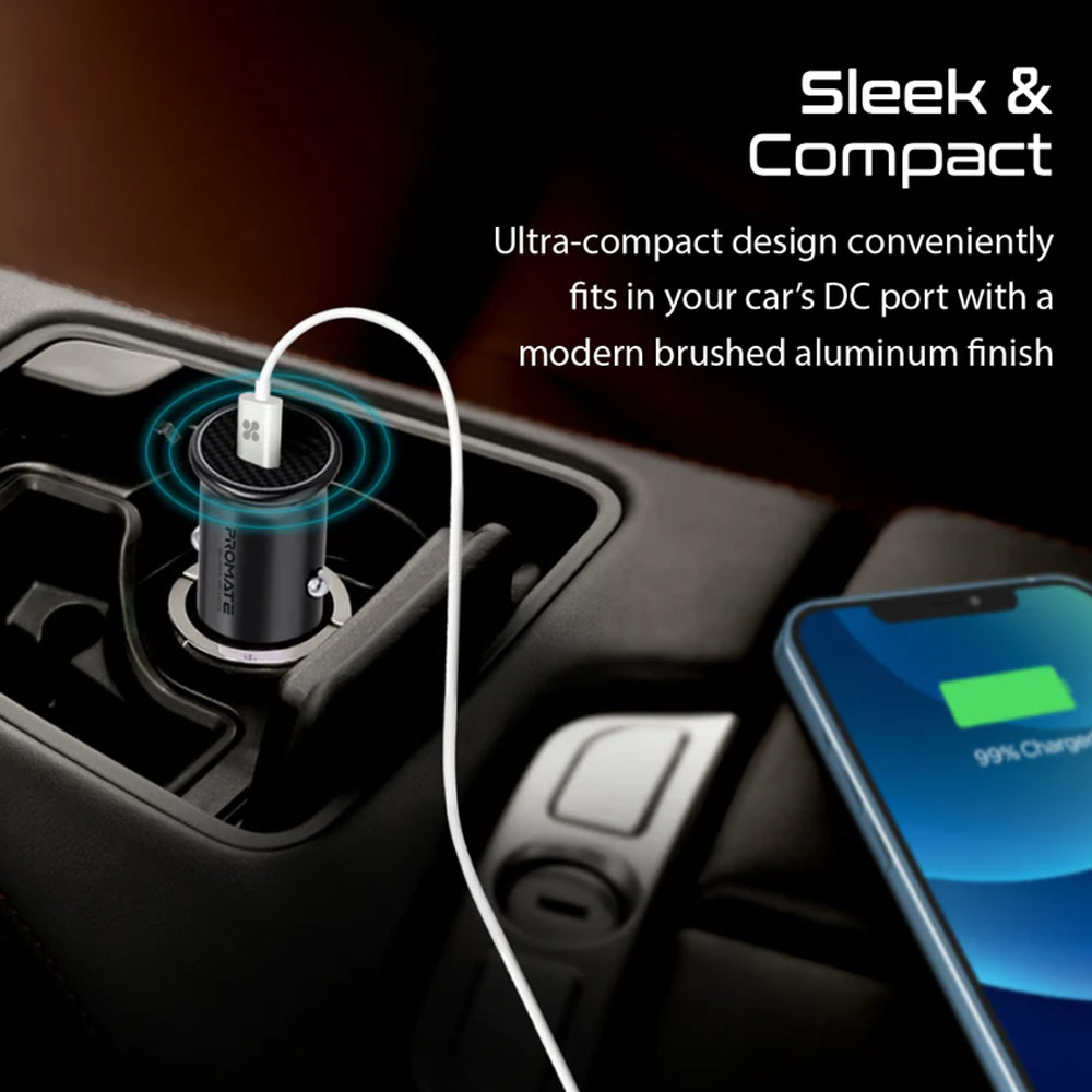 Picture of Promate 60W USB-C™ Car Charger Super-Fast Type-C™ Power Delivery Car Charger with 18W Quick Charge 3.0 USB A Aluminum Alloy and Over Charging Protection for MacBook Laptops iPhone Bullet-PD60
