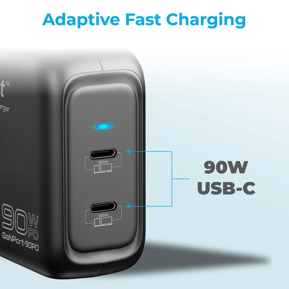 Picture of Promate GaN USB-C Charger Powerful 90W Dual USB-C Laptop Charger with Fast Charging GaN Technology Power Delivery Wall Adaptor UK and Adaptive Fast Charging for MacBook Pro Macbook Air iPad Pro iPhone 13 Series 14 Pro Max Plus iPad Air GaNPort-90PD