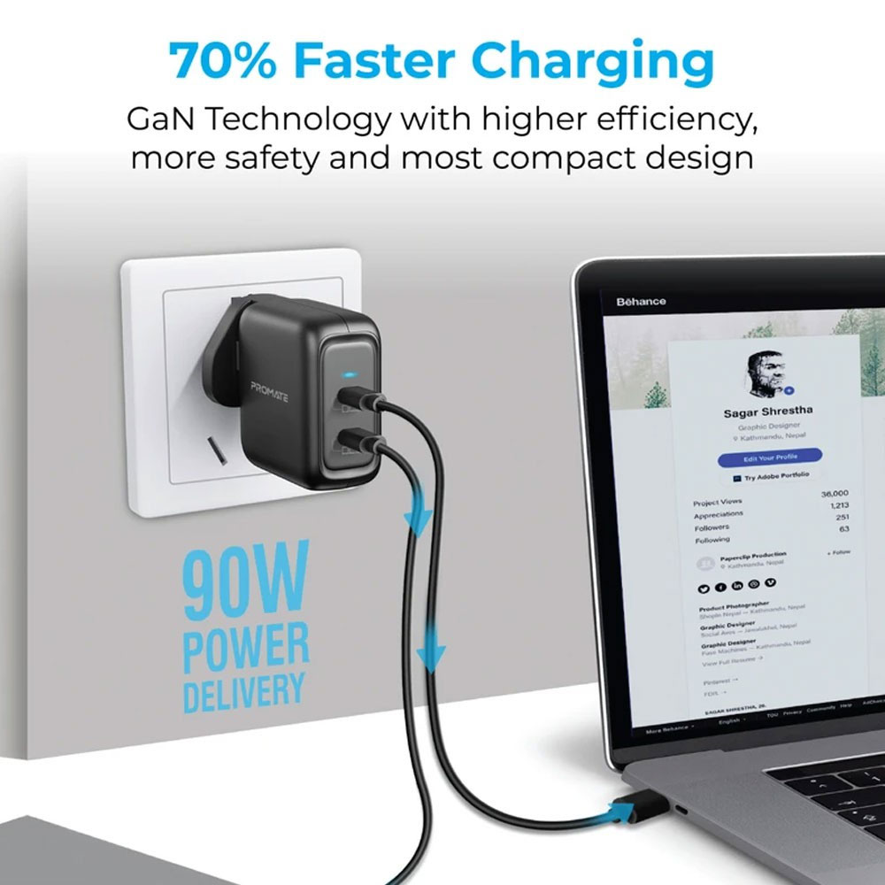 Picture of Promate GaN USB-C Charger Powerful 90W Dual USB-C Laptop Charger with Fast Charging GaN Technology Power Delivery Wall Adaptor UK and Adaptive Fast Charging for MacBook Pro Macbook Air iPad Pro iPhone 13 Series 14 Pro Max Plus iPad Air GaNPort-90PD