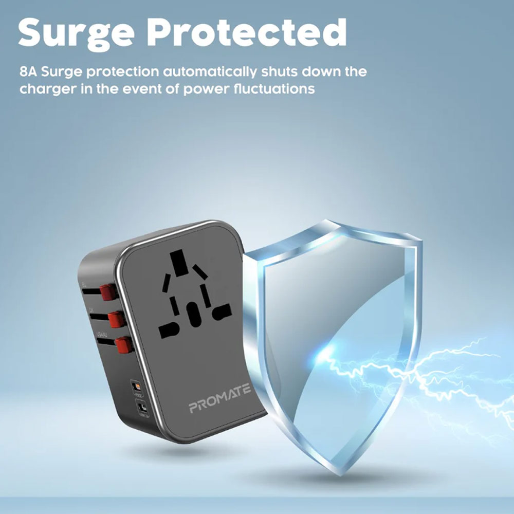 Picture of Promate Smart Charging Surge Protected Universal Travel Adapter Charger with USB C Port 18W Total Output 36W