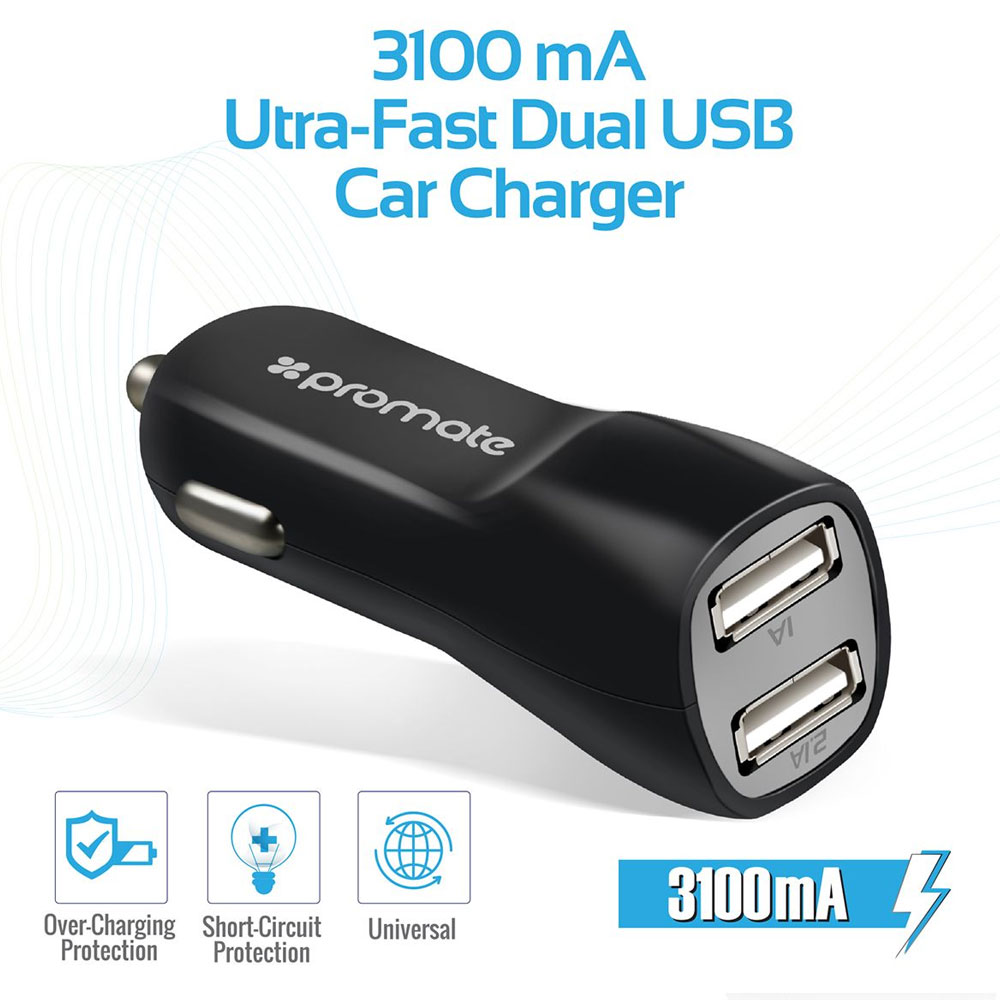 Picture of Promate Car Kit 3-In-1 Micro USB Car Kit with 3.1A Dual USB Universal Car Charger Car Mount Phone Holder for Smartphones Carkit HM (Black)