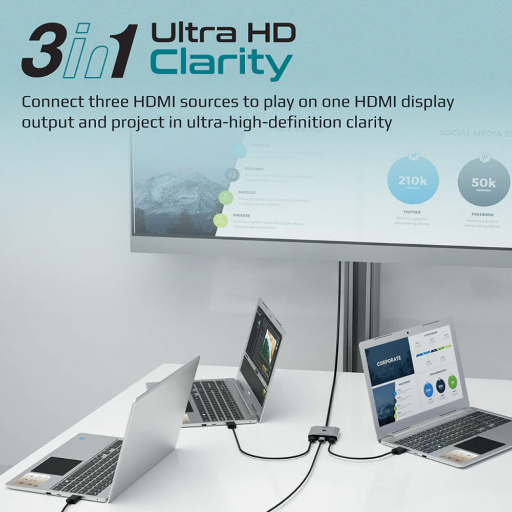 Picture of Promate 3 HDMI Splitter Switch Ultra HD Clarity Resolutions up to 4K@60Hz For Multiple Devices PC Laptop Presentation to 1 Output Display MediaSwitch-H3