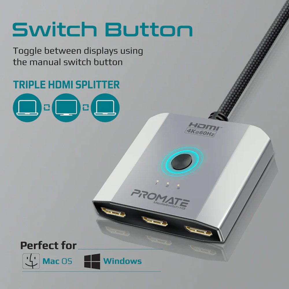 Picture of Promate 3 HDMI Splitter Switch Ultra HD Clarity Resolutions up to 4K@60Hz For Multiple Devices PC Laptop Presentation to 1 Output Display MediaSwitch-H3