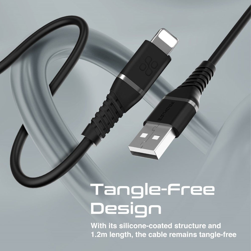Picture of Promate Ultra Fast USB A to Lightning 2.4A Fast Charging Soft Silicone cable for iPhone 13 Pro Max IPad Airpods Pro PowerLine-Ai120 (Black)