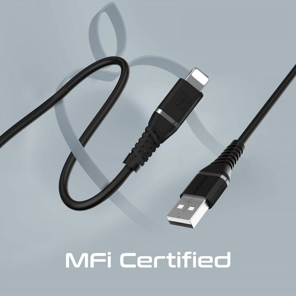 Picture of Promate Ultra Fast USB A to Lightning 2.4A Fast Charging Soft Silicone cable for iPhone 13 Pro Max IPad Airpods Pro PowerLine-Ai120 (Black)