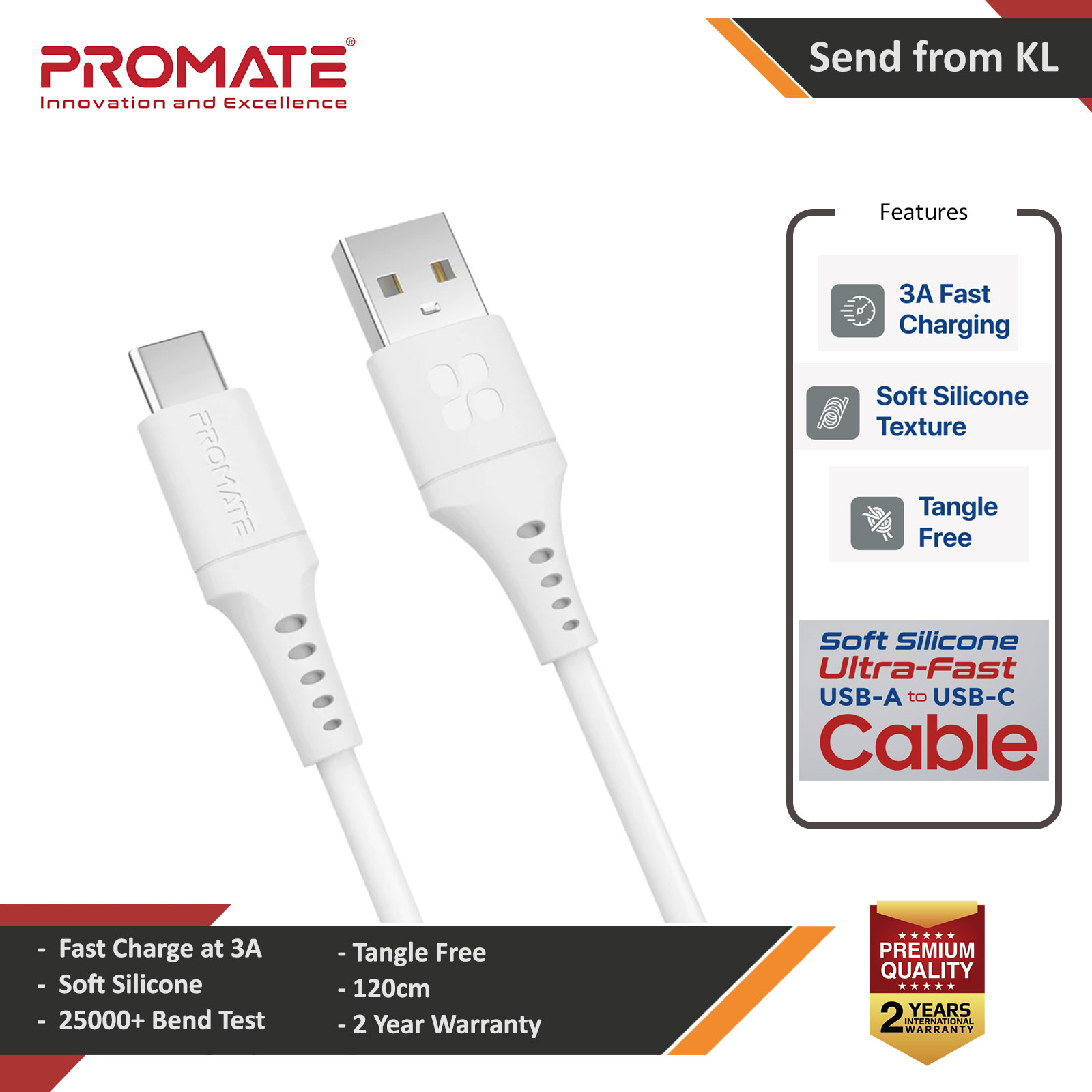 Picture of Promate Ultra Fast USB A to USB C 3A Fast Charging Soft Silicone cable for Smartphones Tablets Galaxy S22 Ultra Vivo Huawei Oppo (White) Red Design- Red Design Cases, Red Design Covers, iPad Cases and a wide selection of Red Design Accessories in Malaysia, Sabah, Sarawak and Singapore 