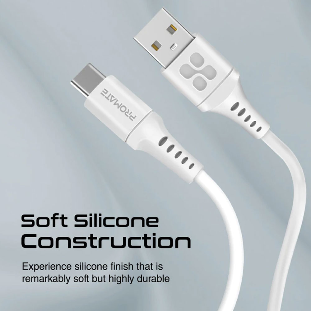 Picture of Promate Ultra Fast USB A to USB C 3A Fast Charging Soft Silicone cable for Smartphones Tablets Galaxy S22 Ultra Vivo Huawei Oppo (White)