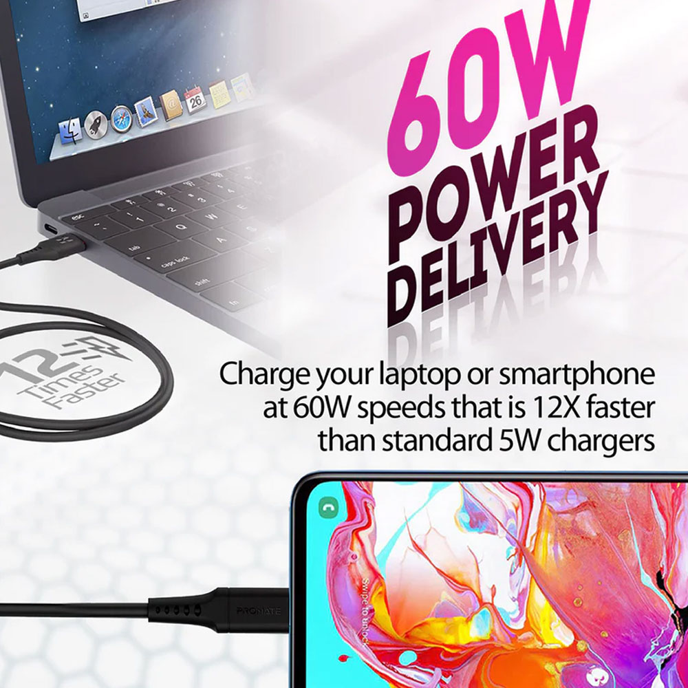 Picture of Promate USB-C Cable Ultra-Fast 60W Power Delivery Type-C Charging Cable with 480Mbps Sync Charge for Smartphone Tablet PowerLink-CC120 (Black)