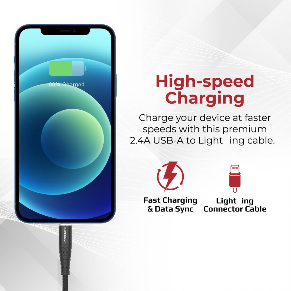 Picture of Promate USB A to Lightning 2.4A Fast Charging Fabric Braided Cable for iPhone 13 Pro Max IPad Airpods Pro iCord-1 (Black)