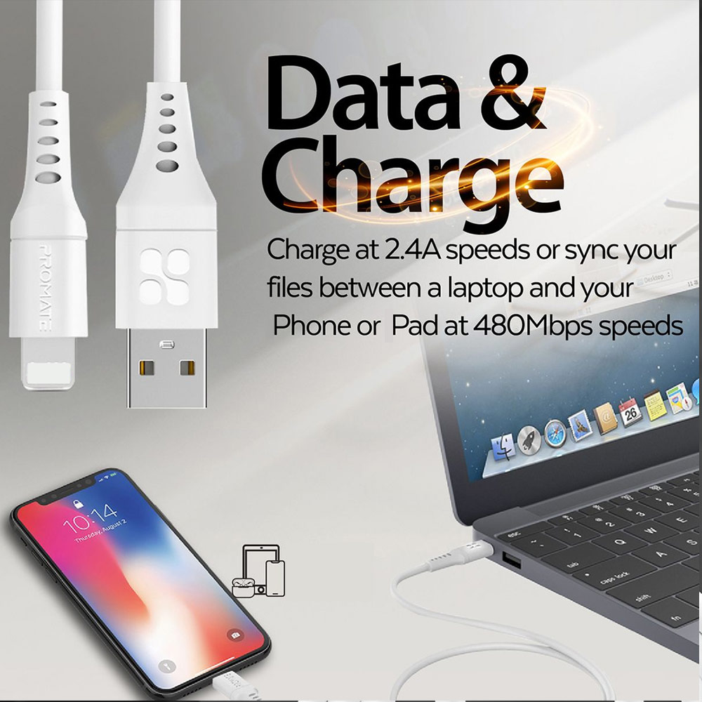 Picture of Promate USB A to Lightning 2.4A Fast Charging Soft Silicone Cable for iPhone 13 Pro Max IPad Airpods Pro PowerLink-Ai120 (White)