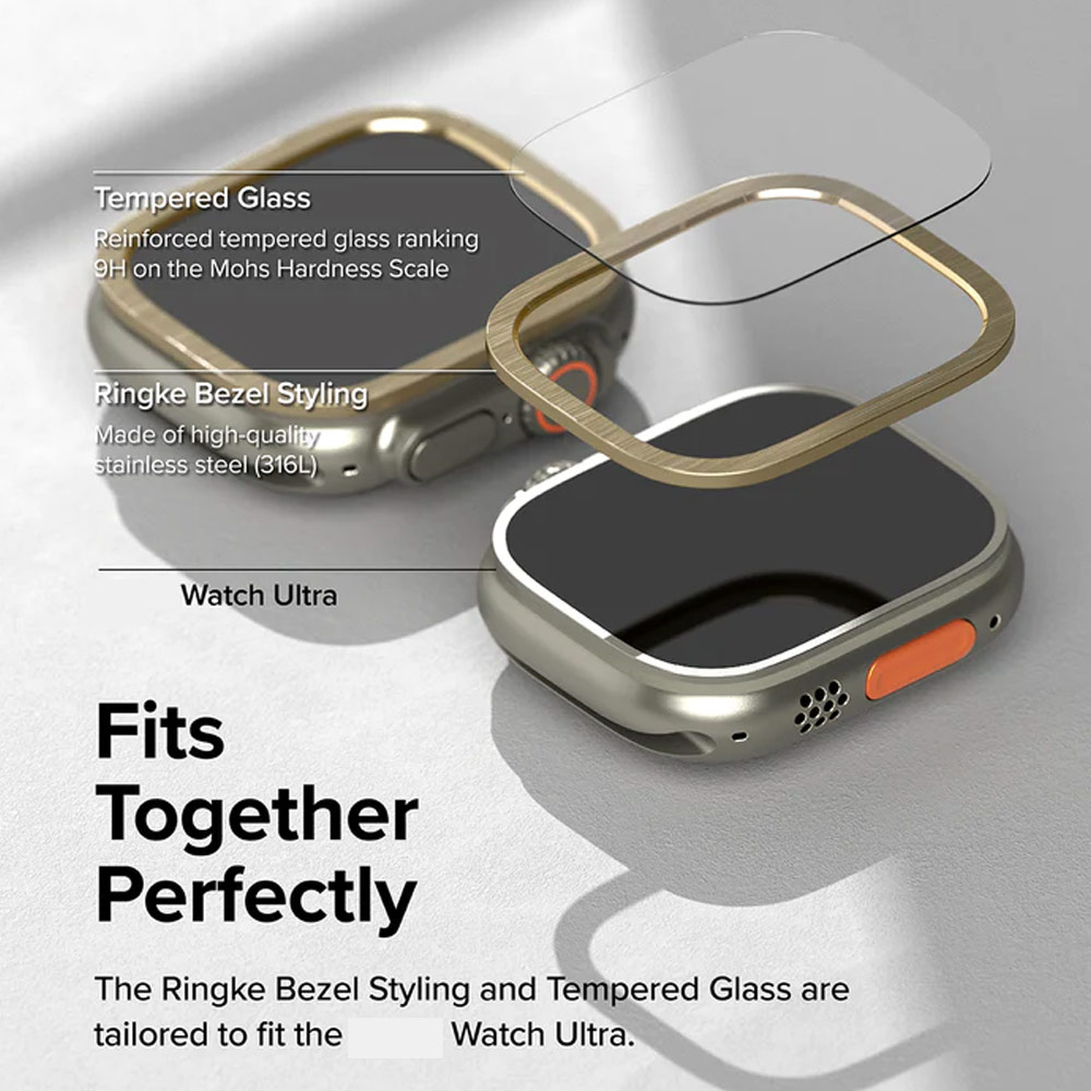Picture of Apple Watch 49mm	Ultra Screen Protector | Ringke Bezel and Tempered Glass Screen Protector Combo for Apple Watch Series 8 Ultra 49mm (49-05 Gold)