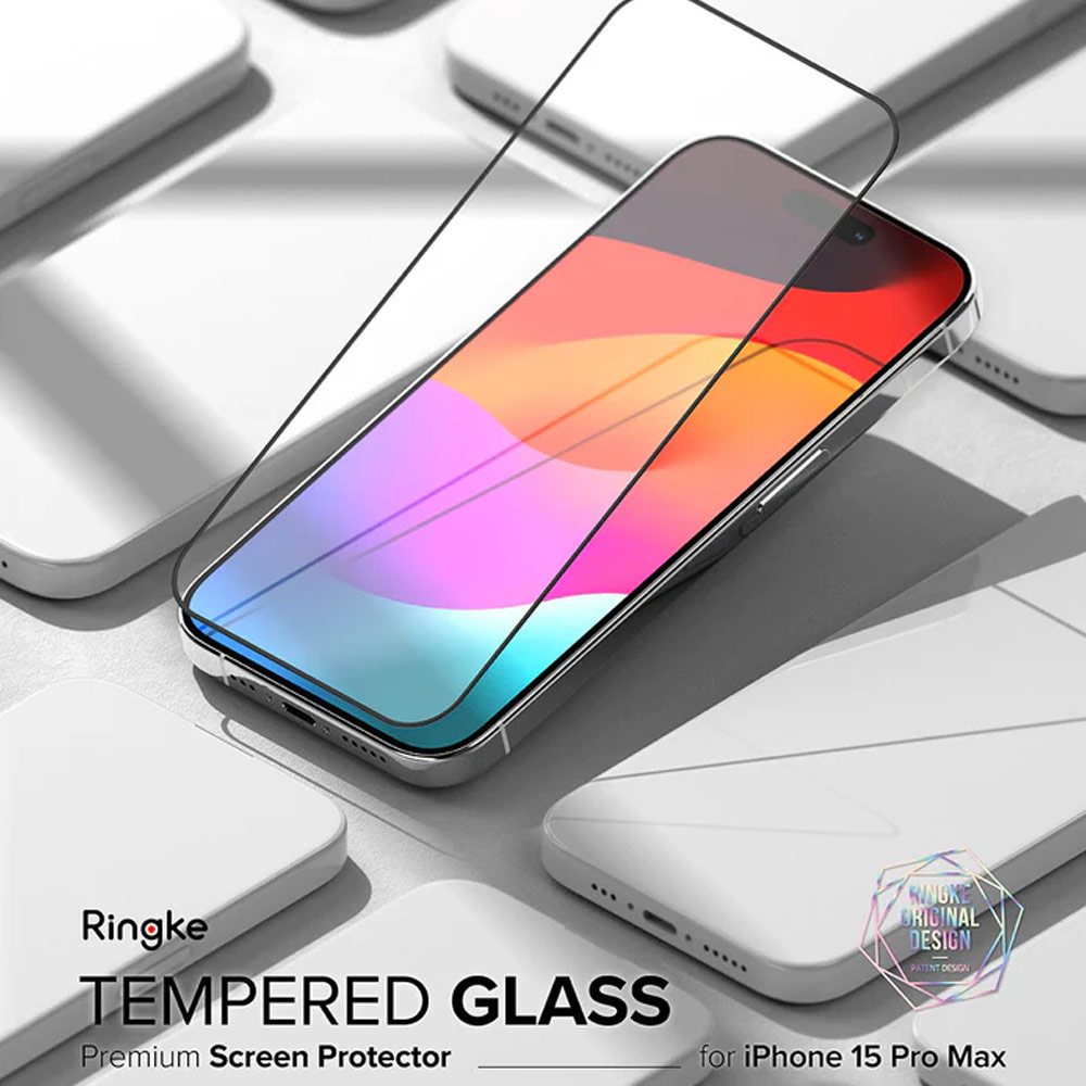 Picture of Apple iPhone 15 Pro Max 6.7 Screen Protector | Ringke Tempered Glass Full Cover Glass Screen Protector with Installation Jig Helper for iPhone 15 Pro Max 6.7 (Black)