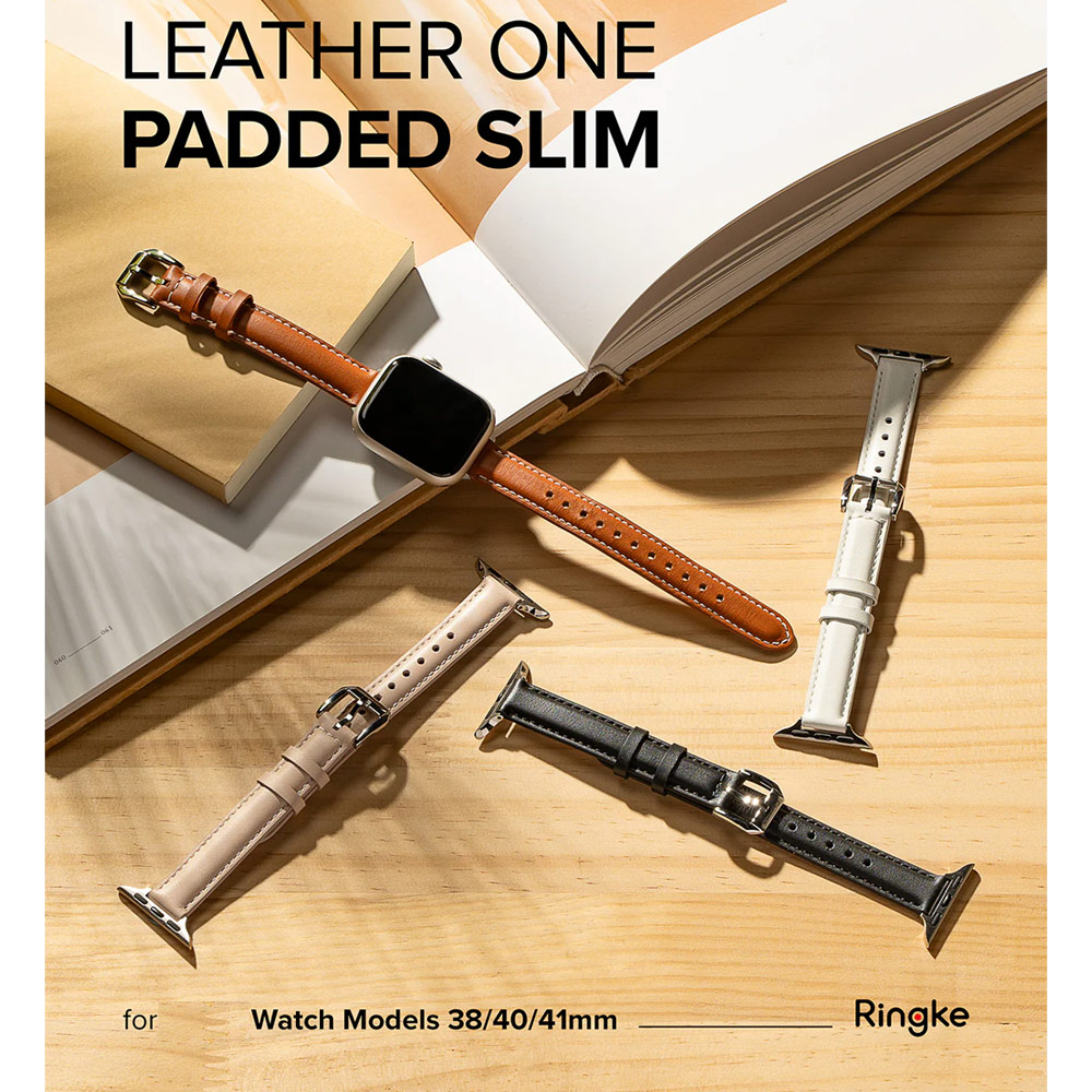 Picture of Apple Watch 38mm | Ringke Genuine Leather One Slim Padded Strap for Apple Watch Series 4 5 6 8 9 41mm 40mm 38mm (Black)