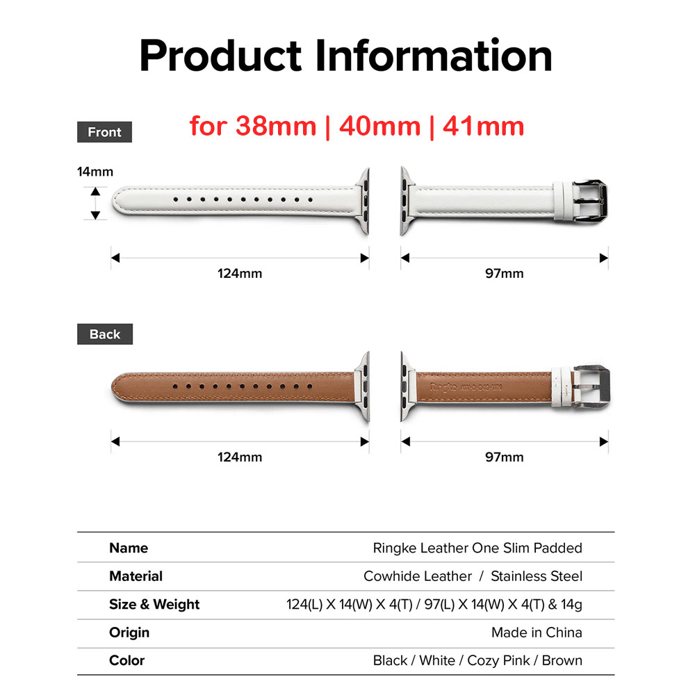 Picture of Apple Watch 38mm | Ringke Genuine Leather One Slim Padded Strap for Apple Watch Series 4 5 6 8 9 41mm 40mm 38mm (Black)